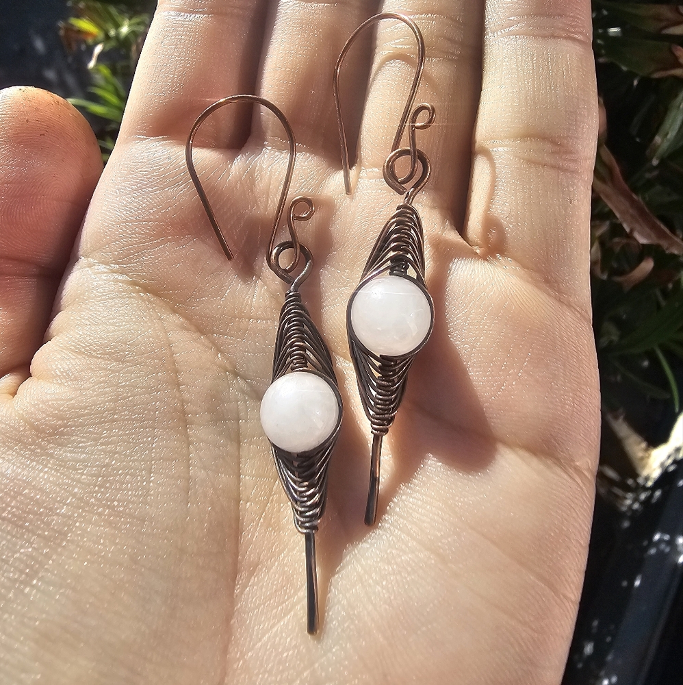 Copper Rose Quartz Herringbone Wrapped Style Earrings